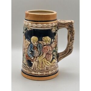 Vintage Japan Ceramic Beer Stein 3D Relief Couple German Proverb Mug 5.5 Inch